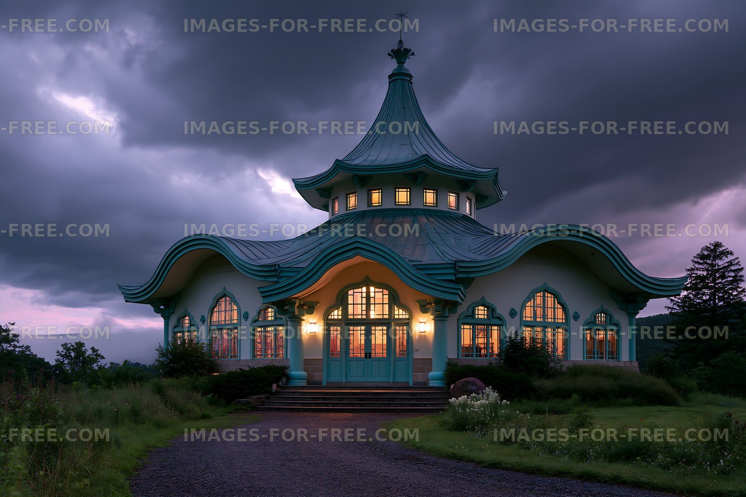 Unique architecture of a building under a cloudy sky