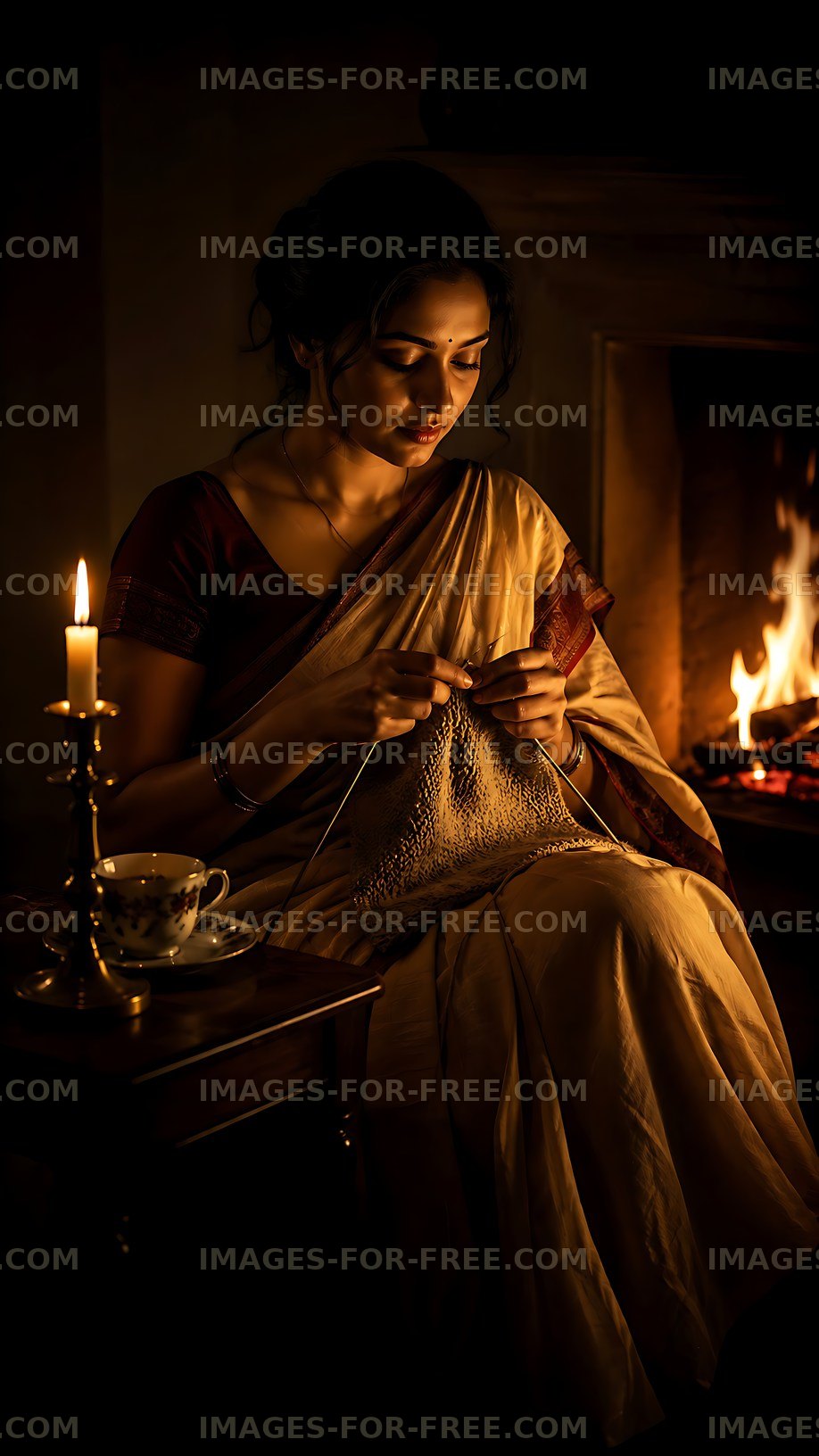 Woman knitting by candlelight in a cozy room