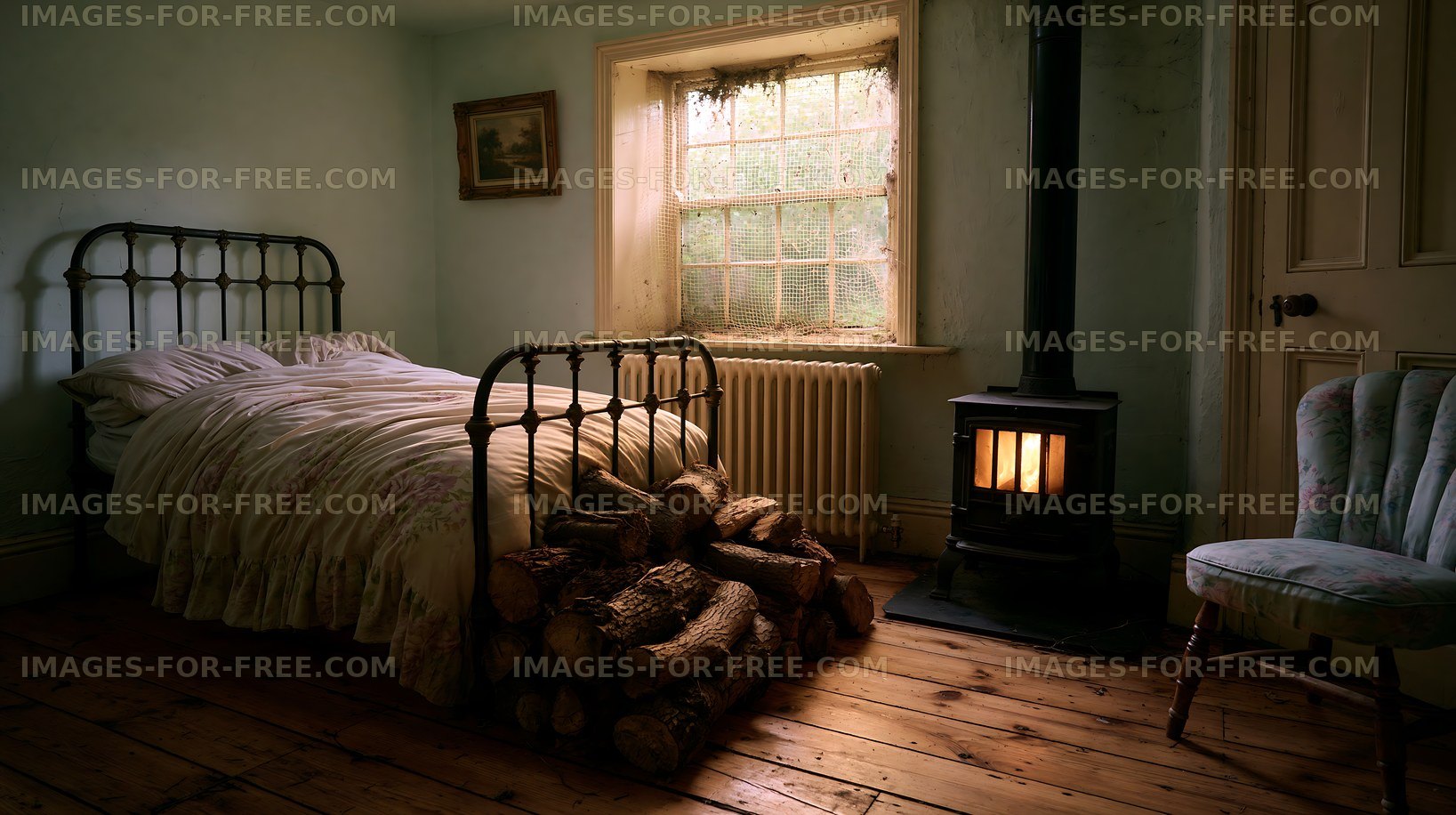 Cozy bedroom with a bed, stove, and a window in a rustic setting