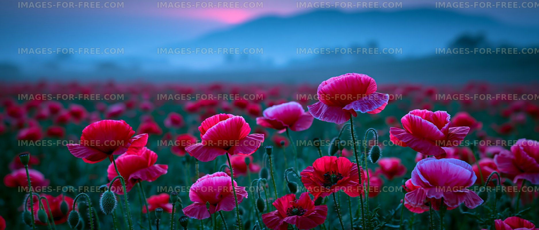 Vibrant poppies bloom in a field during twilight
