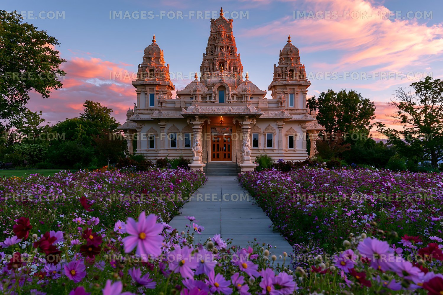 Temple surrounded by flowers at sunset