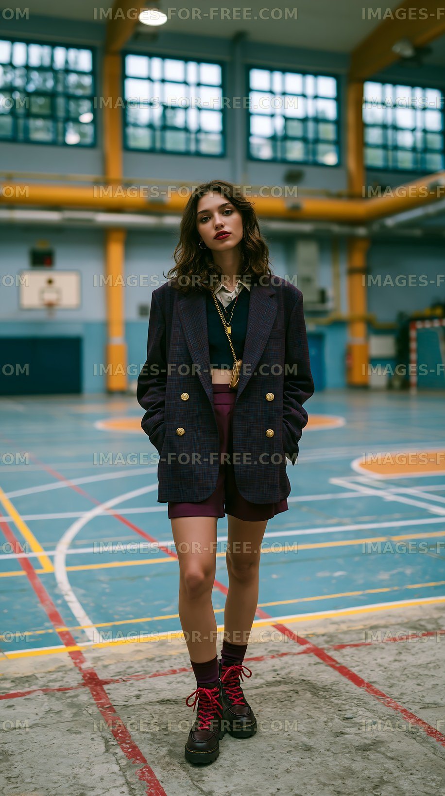 Young woman standing in a gym with basketball court markings
