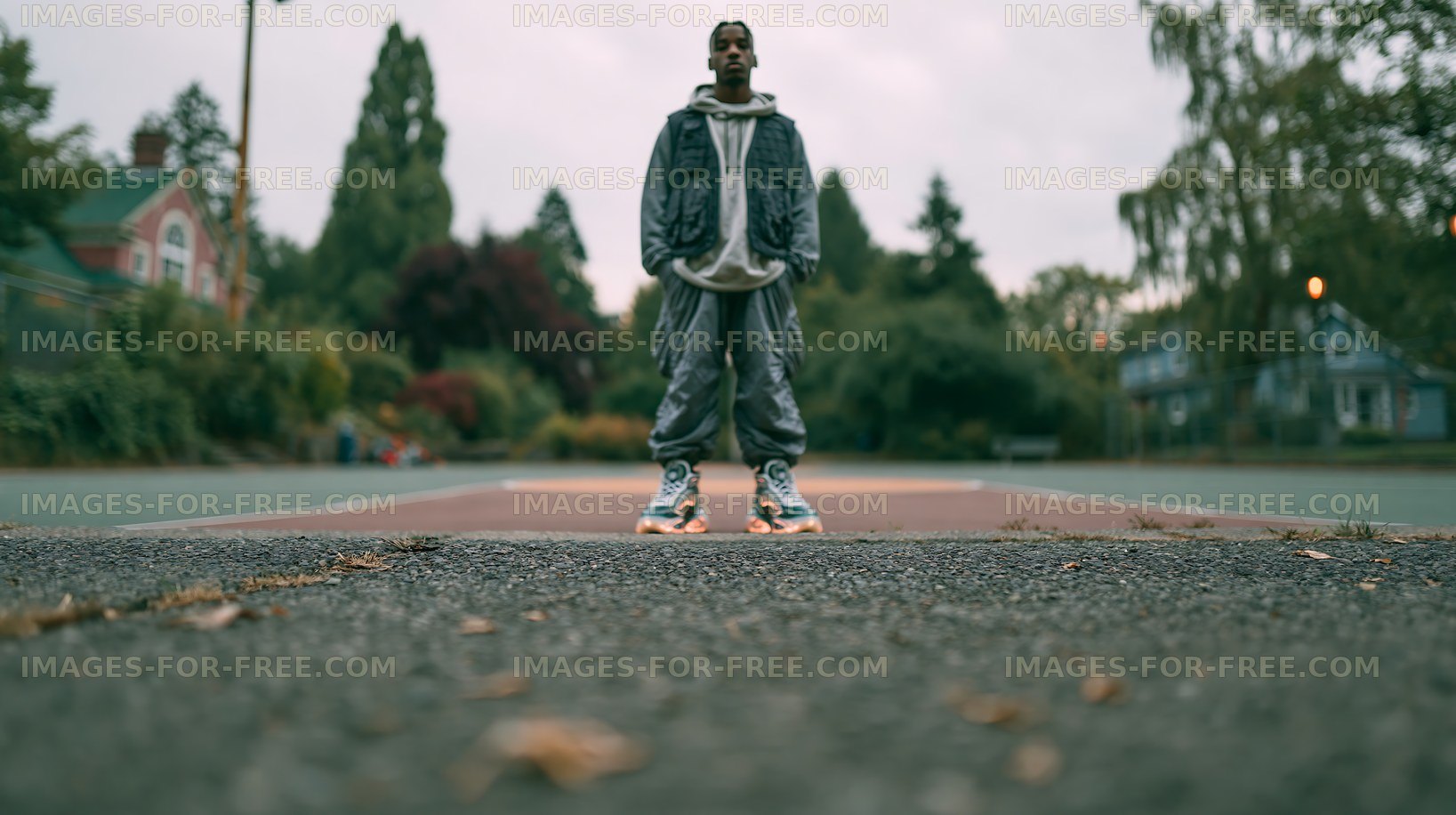 Person wearing gray outfit stands on empty basketball court
