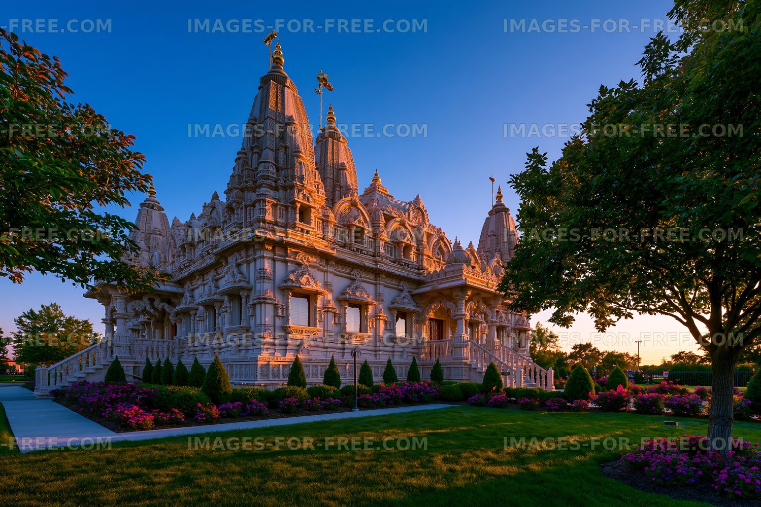 Beautiful temple with intricate carvings against a sunset sky