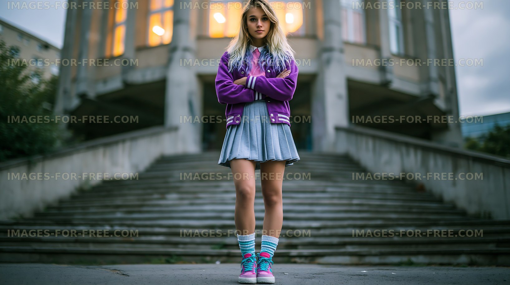 A girl with long hair stands confidently on outdoor steps