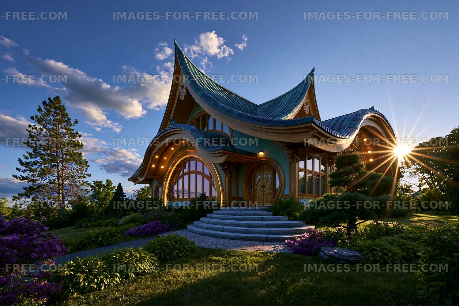 Modern architecture with distinct roof design in evening light
