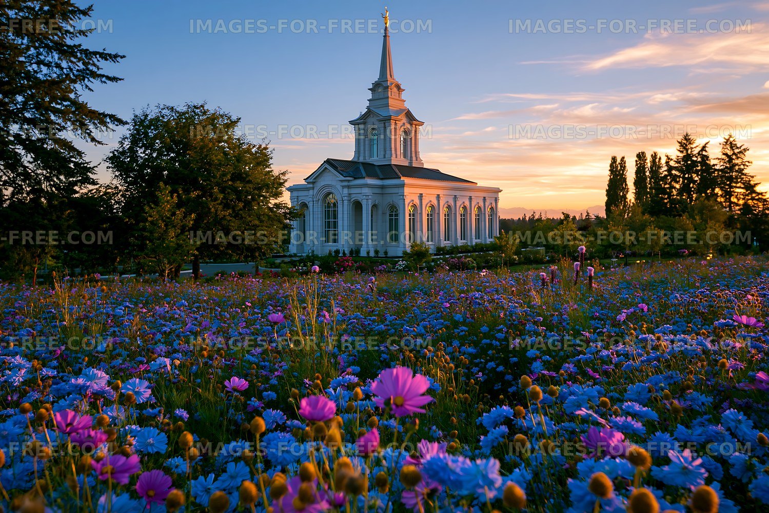 Sunset view of a church surrounded by colorful flowers