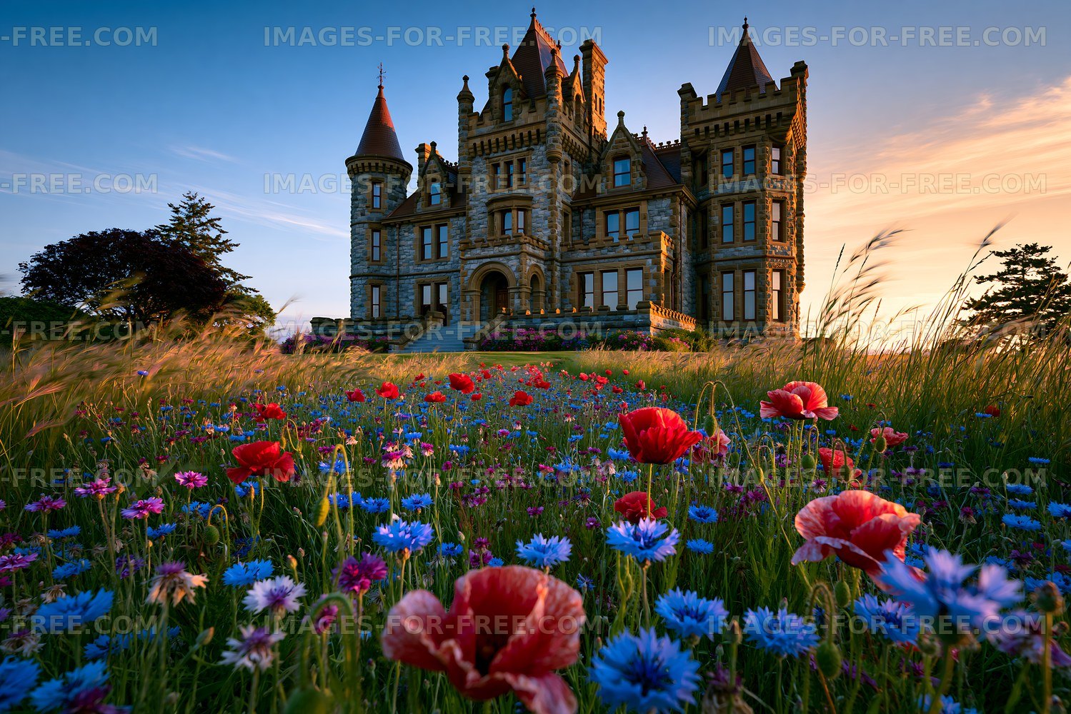 Castle surrounded by colorful flowers at sunset