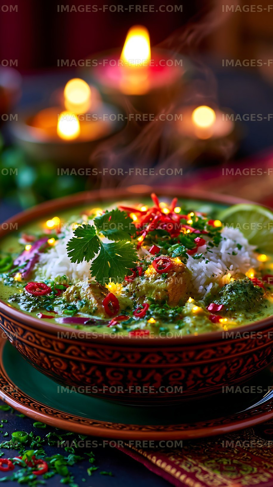 Delicious bowl of curry with rice and spices on a festive table