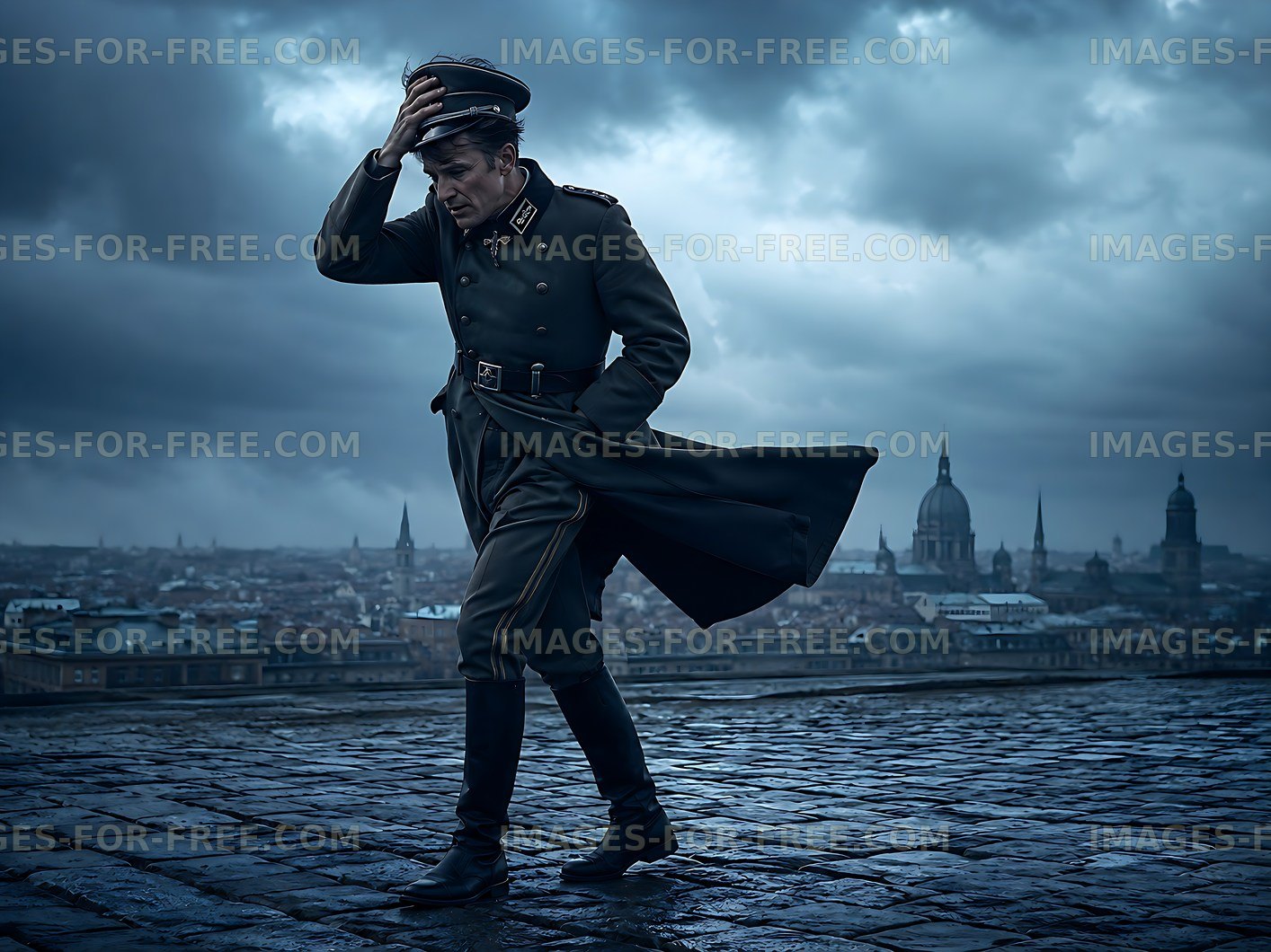 Soldier walking on city rooftop during cloudy weather