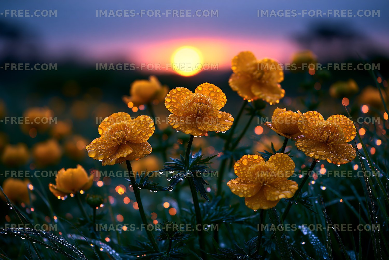 Sunset over yellow flowers with dew in a field