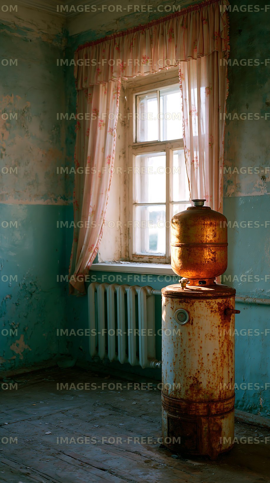 Old water heater near a window in a dilapidated room