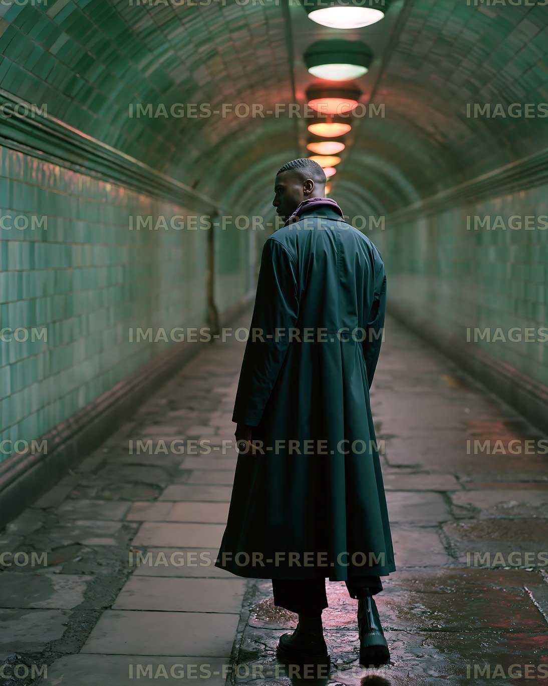 Man walking through a long tunnel with green tiles and lights