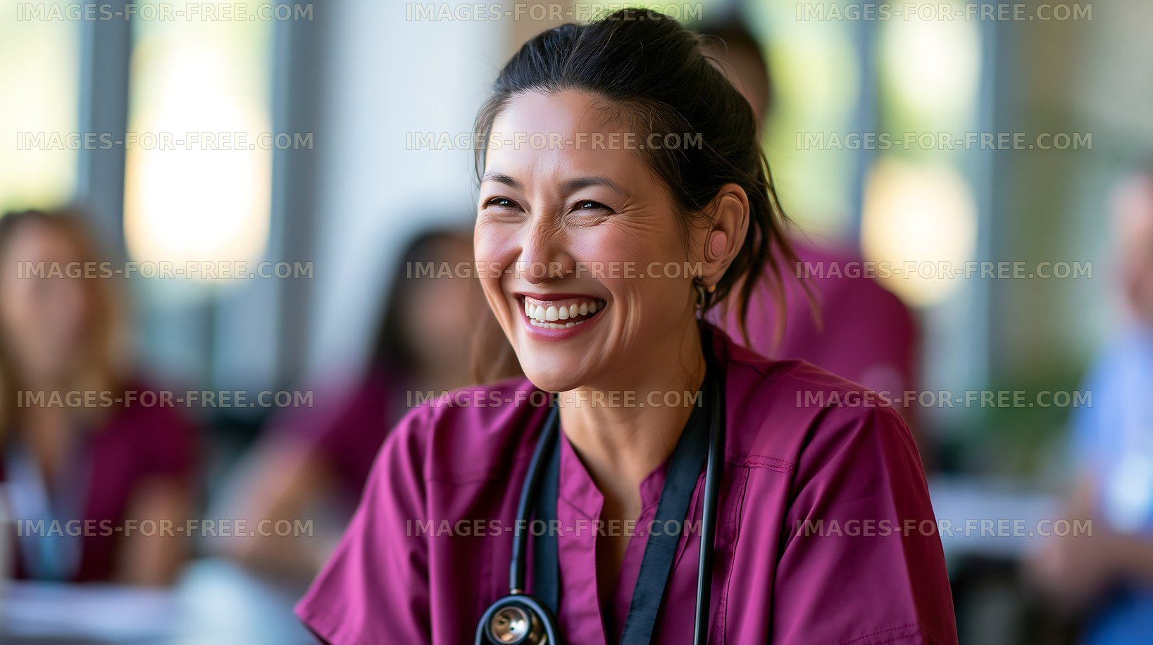 Happy healthcare worker smiling during a team meeting