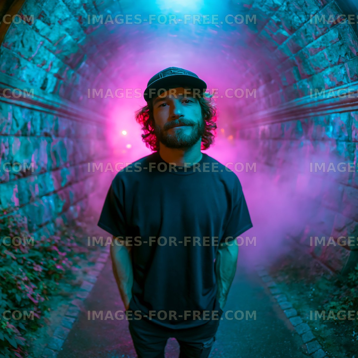 Man standing in a tunnel with colored lights and fog
