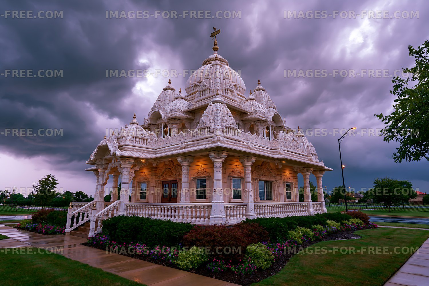 Large temple with intricate design under dark clouds