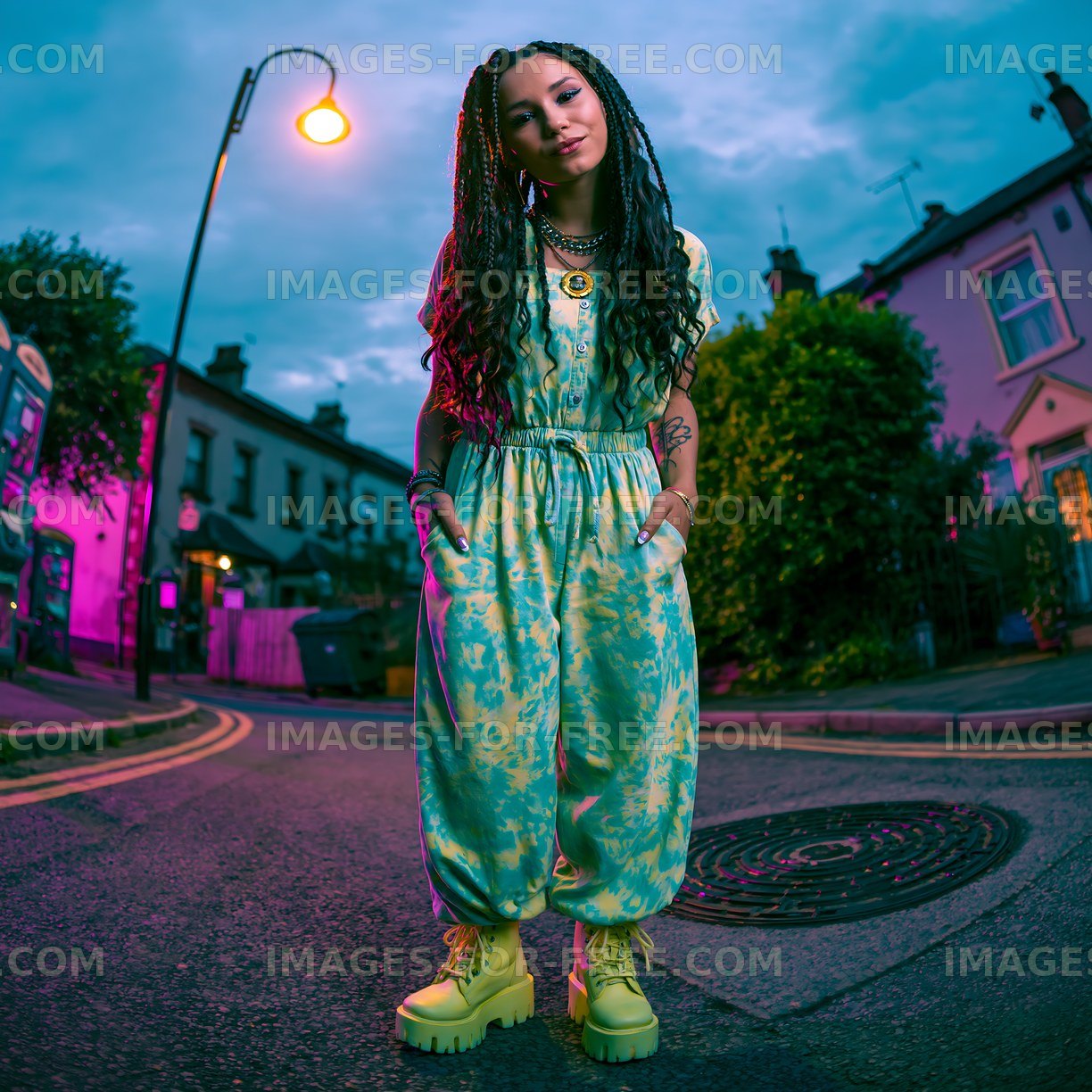Fashionable person stands on street at dusk in colorful outfit