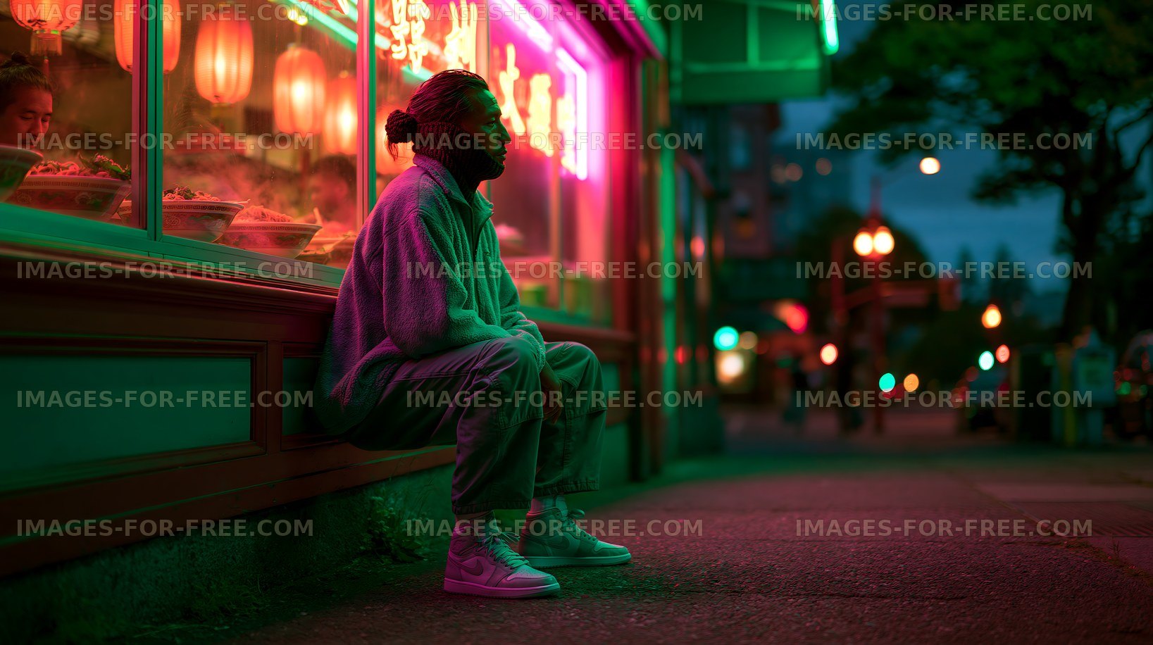 Person sitting by a restaurant with neon lights at night