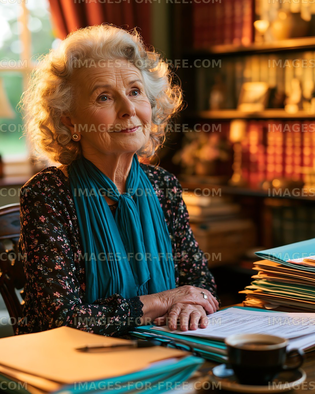 Elderly woman at desk surrounded by files and documents