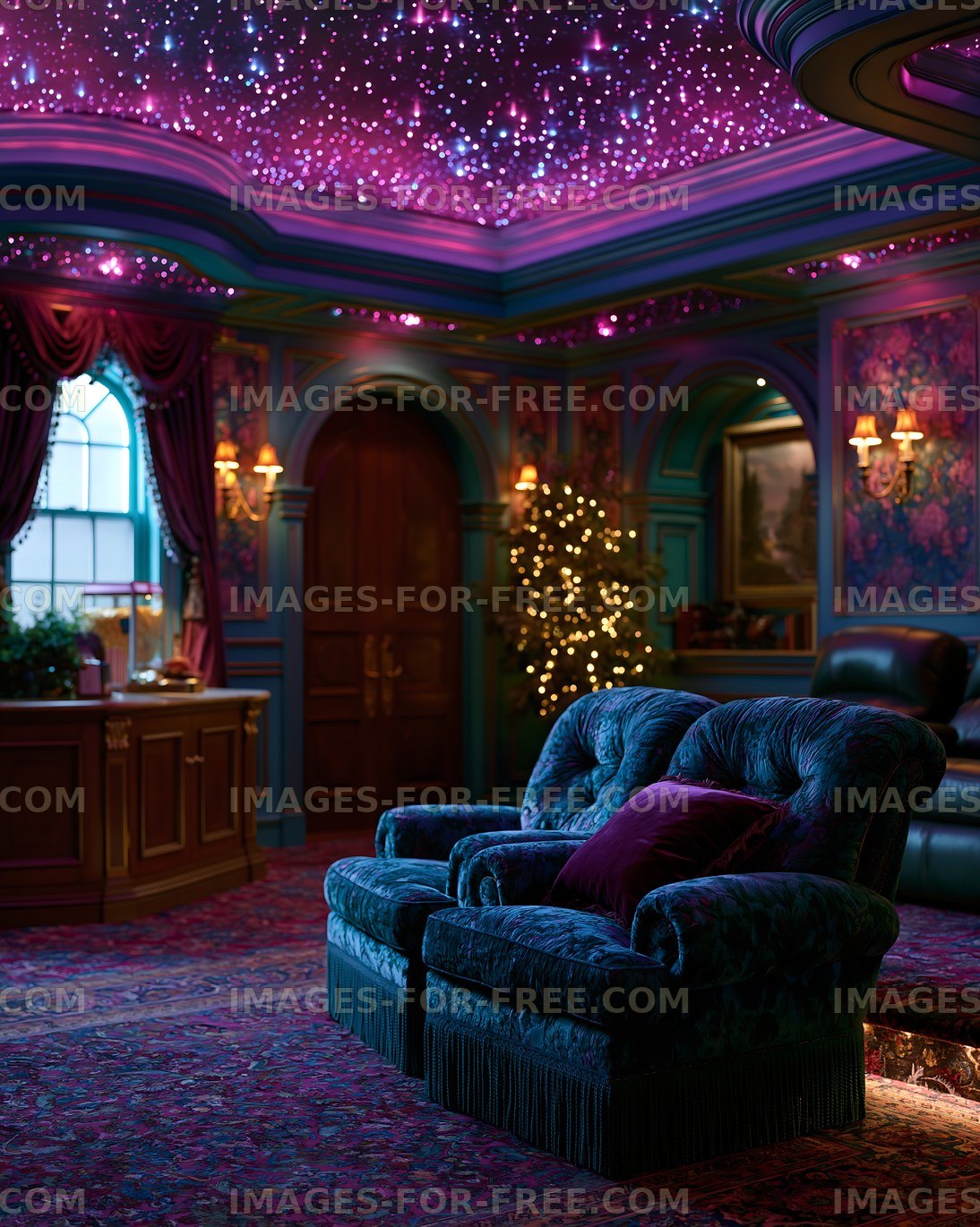 Cozy seating area with colorful ceiling lights and festive decor
