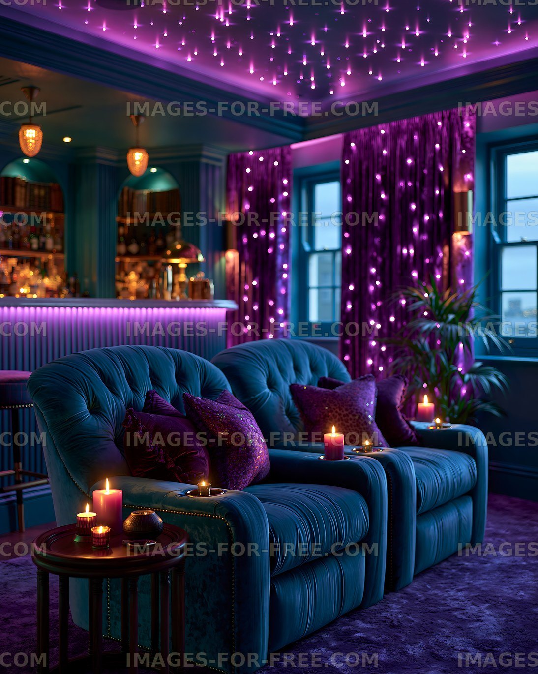 Cozy seating in a dimly lit lounge with purple lights