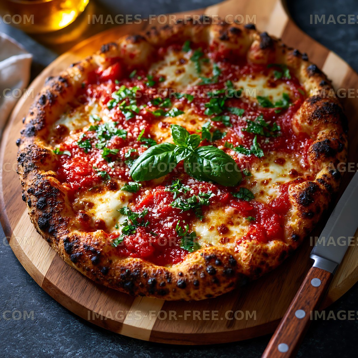 Freshly baked pizza on a wooden cutting board