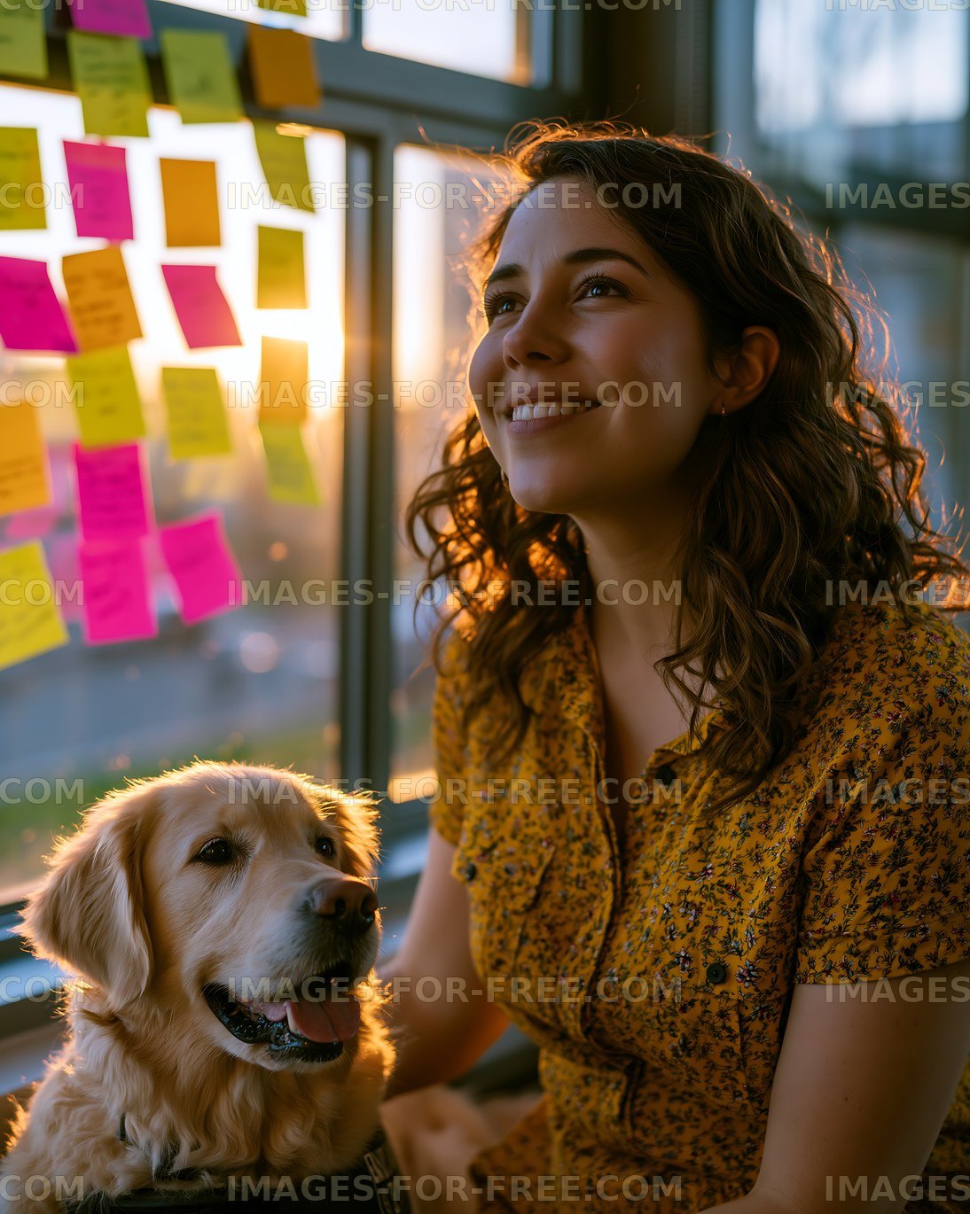 Young woman sits by window with golden retriever during sunset