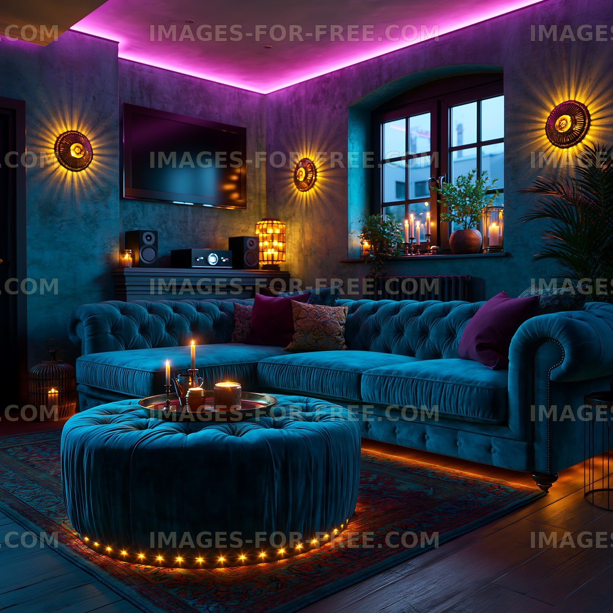 Cozy living room with blue sofa and ambient lighting