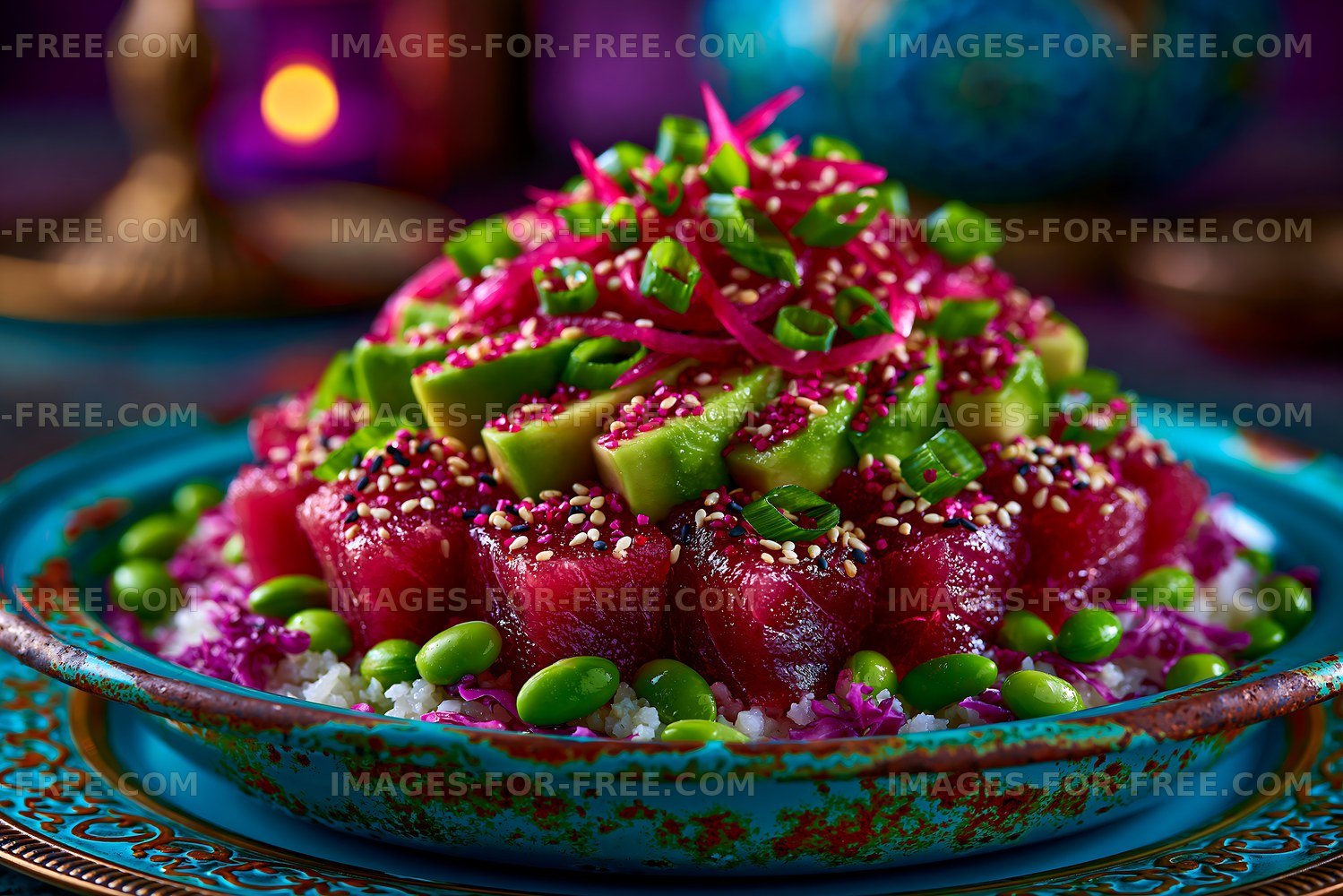 Colorful seafood dish with vegetables served in a decorative bowl