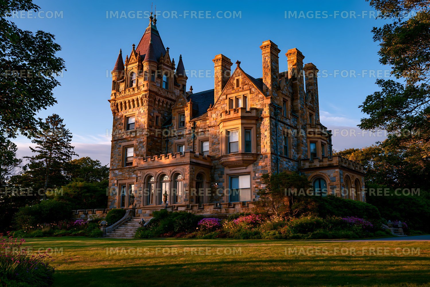 Historic mansion surrounded by trees and gardens at sunset