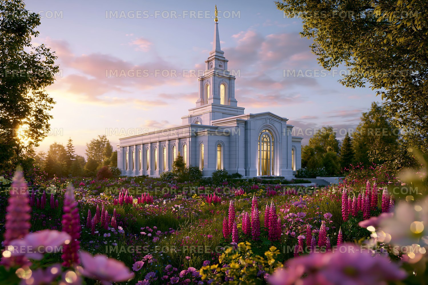 Sunset view of temple surrounded by flowers and trees
