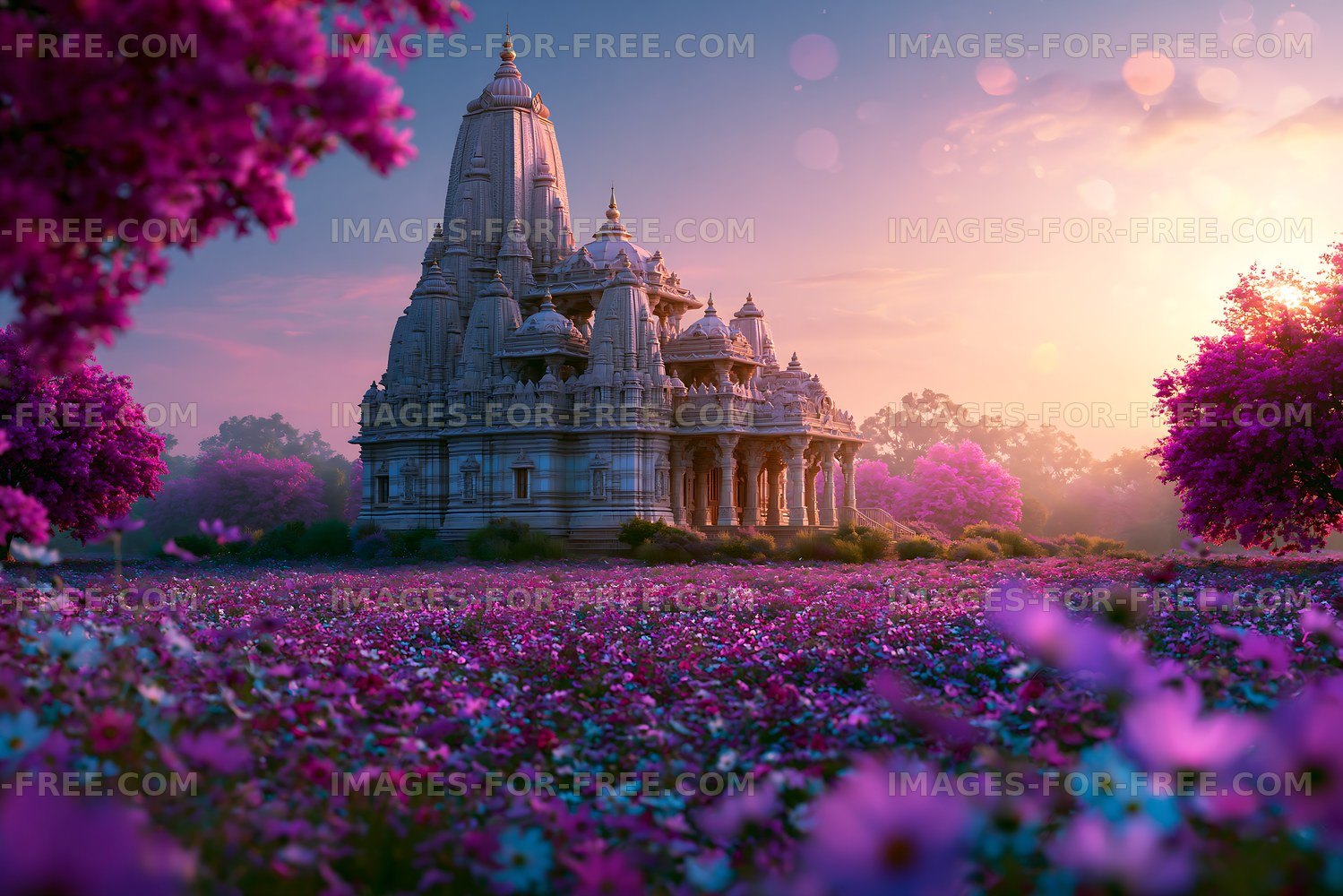 Temple surrounded by purple flowers at sunset