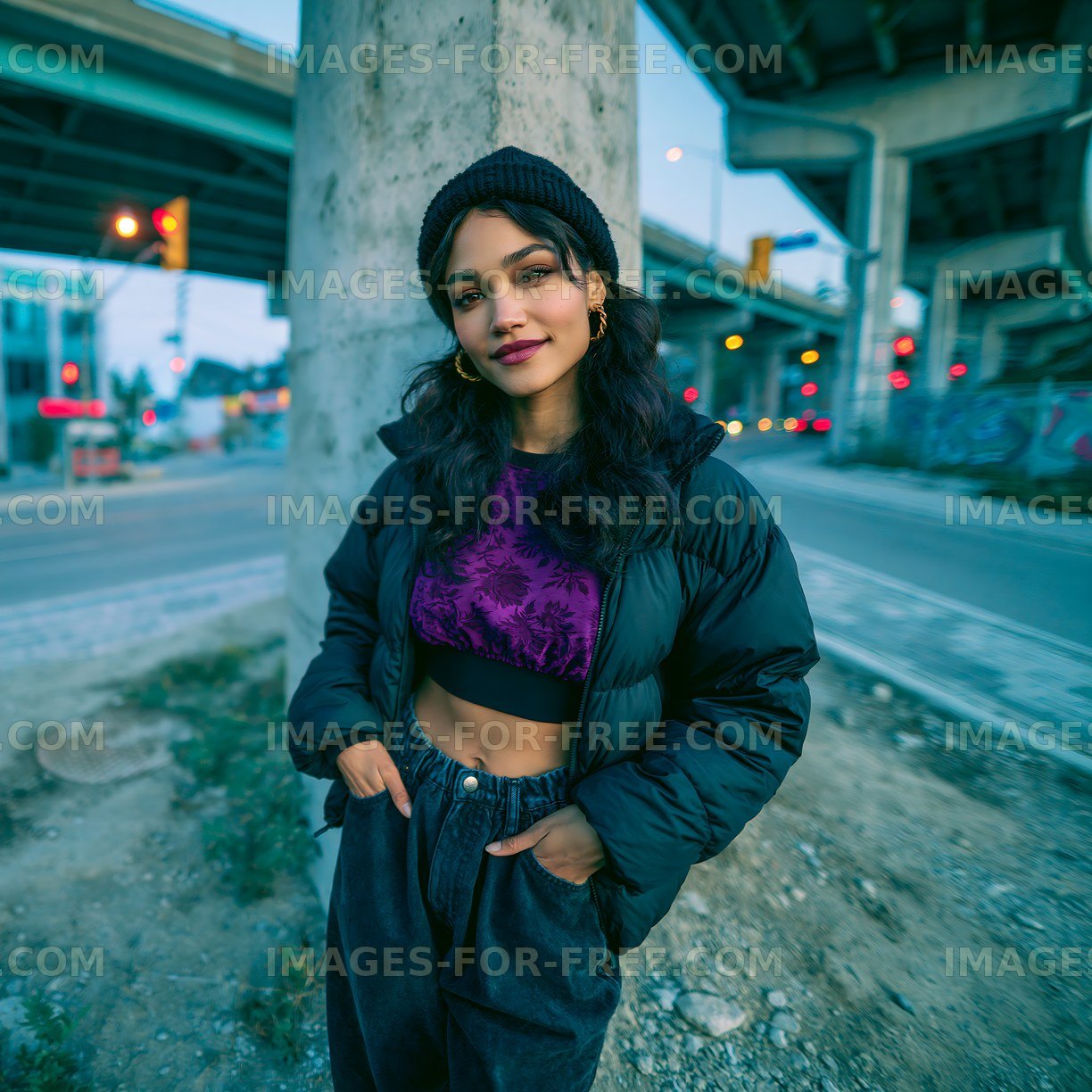 Young woman stands under urban bridge at dusk
