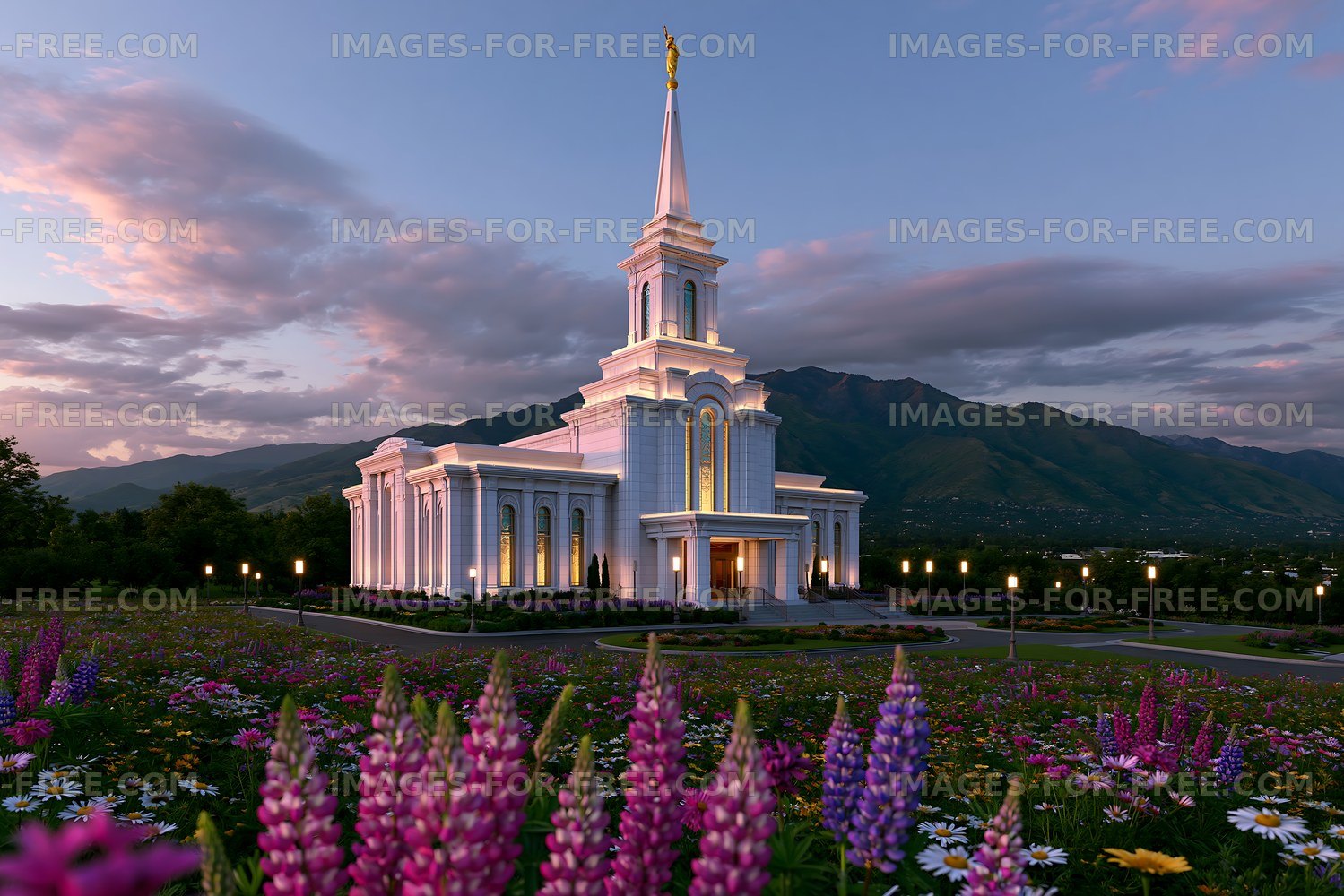 Sunset view of a temple surrounded by flowers in a natural setting