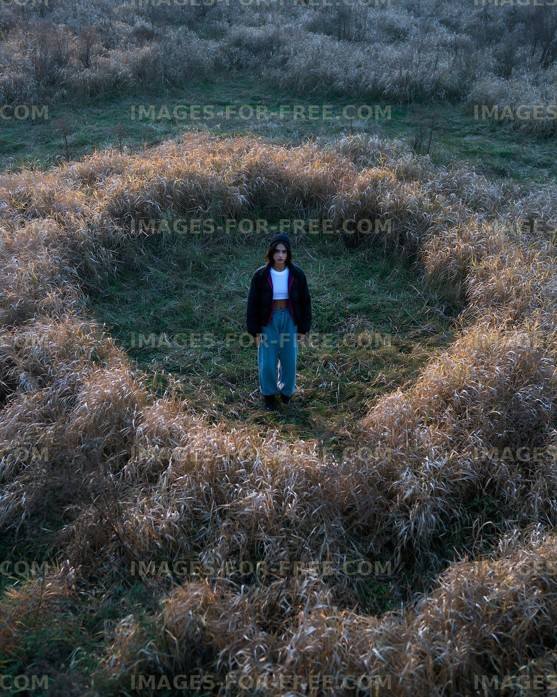 Person standing in middle of circular grass formation at sunset