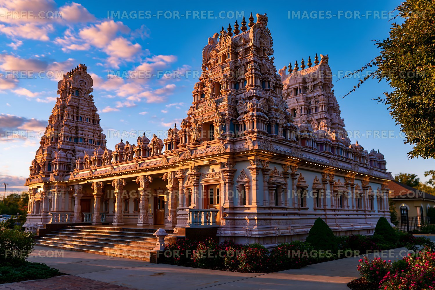 Sunset view of a temple with intricate architecture and blue sky