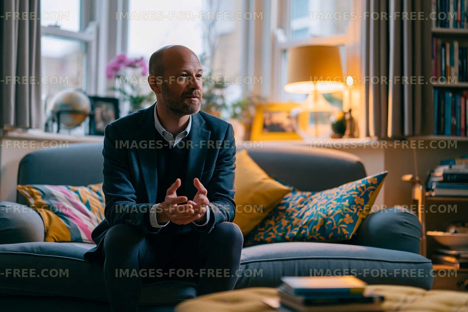 Man sitting in living room engaging in conversation