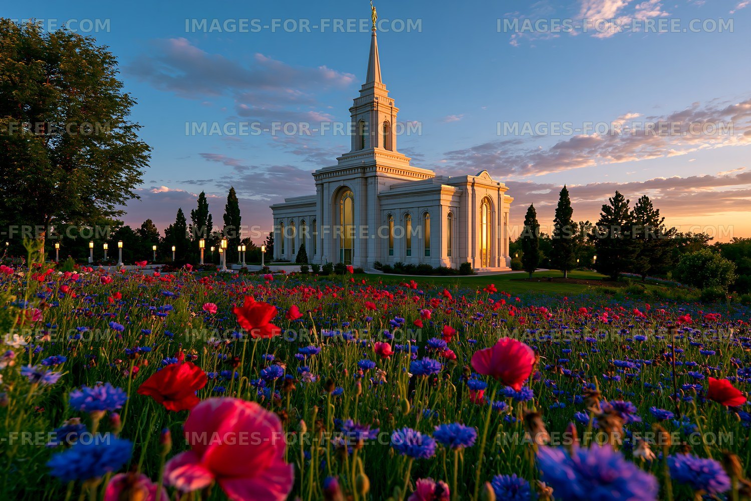 Colorful flowers surround a temple building at sunset