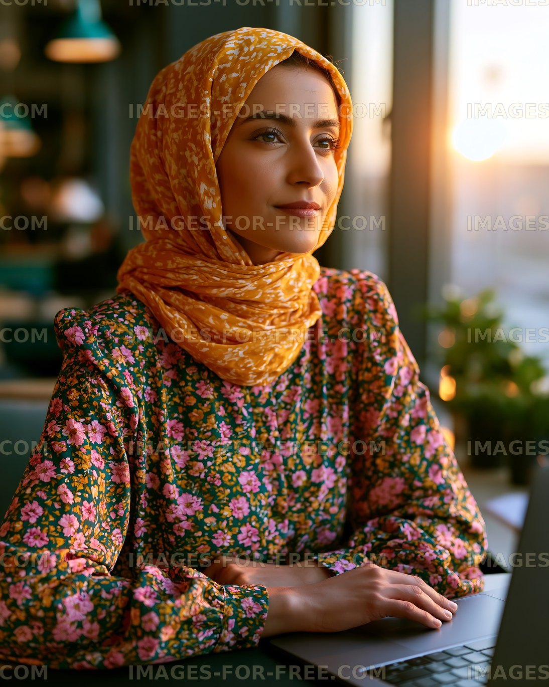 Woman in a headscarf working on a laptop in a cafe during sunset