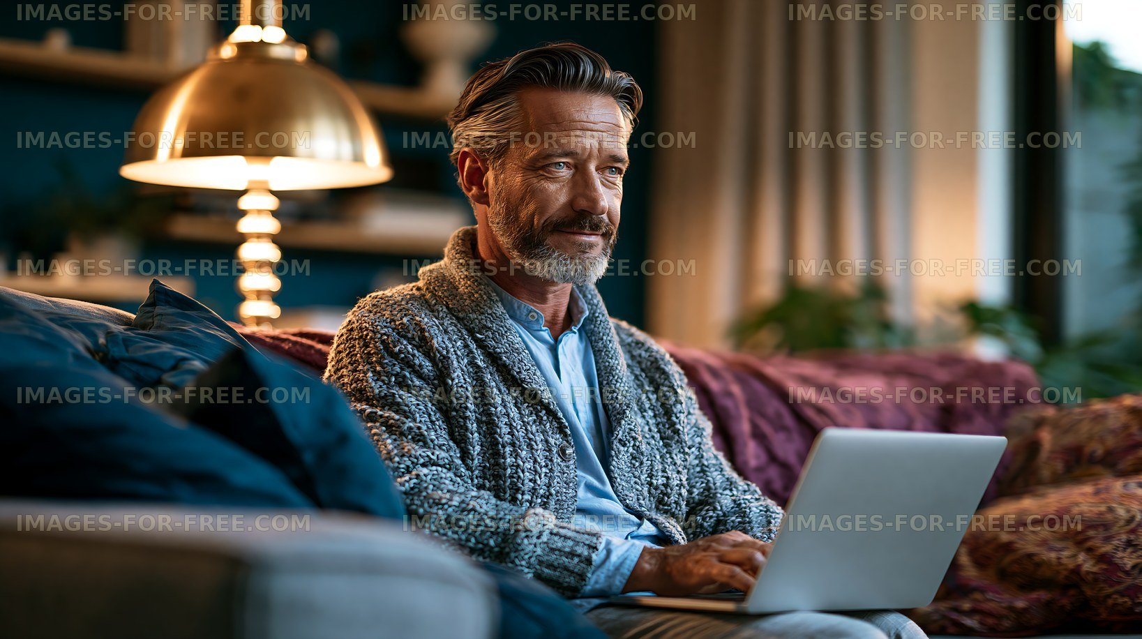 Man working on a laptop at home in cozy living room setting
