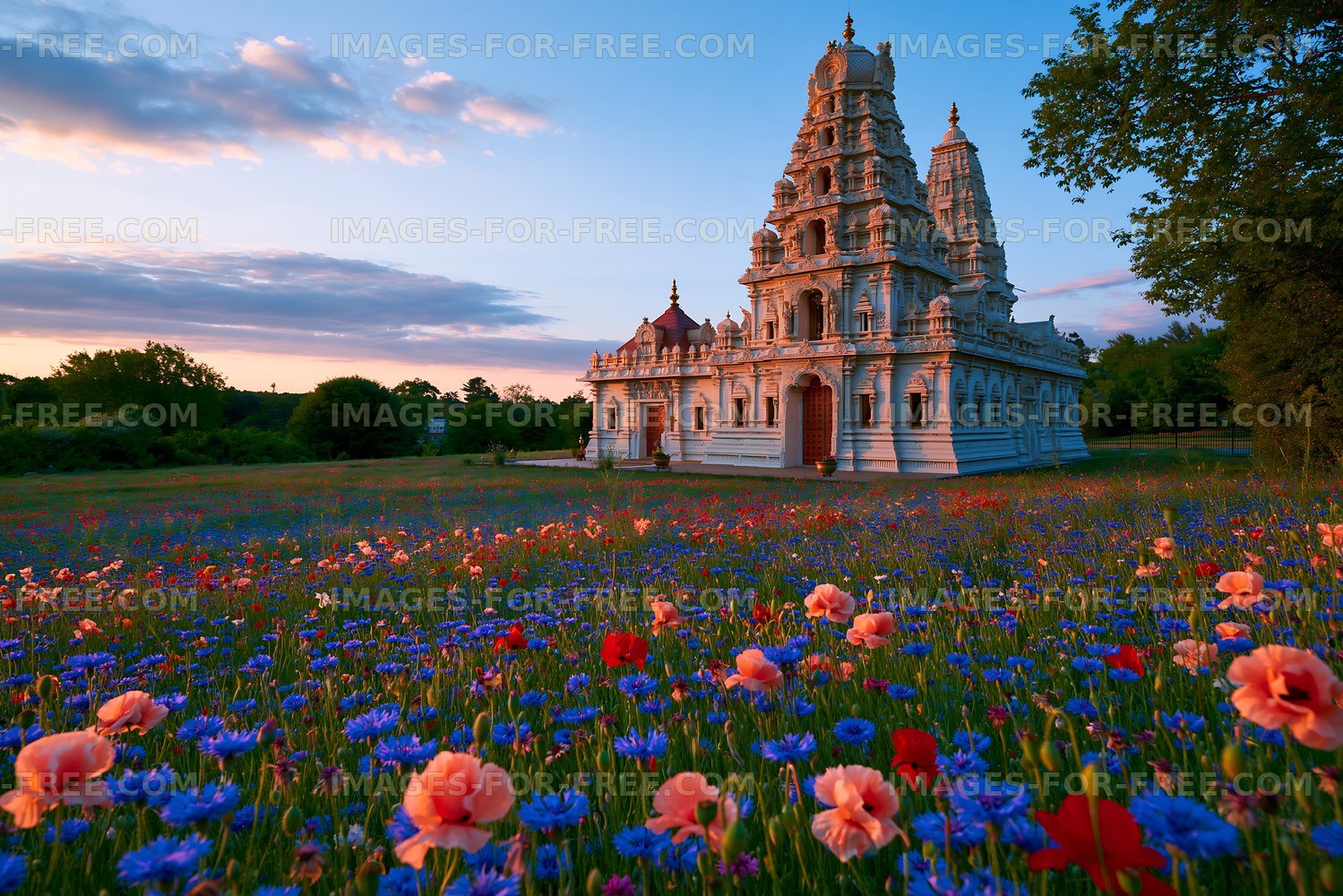 Temple surrounded by colorful flowers during sunset