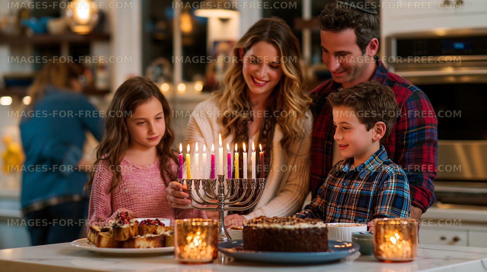 Family celebrating a holiday with a menorah and desserts