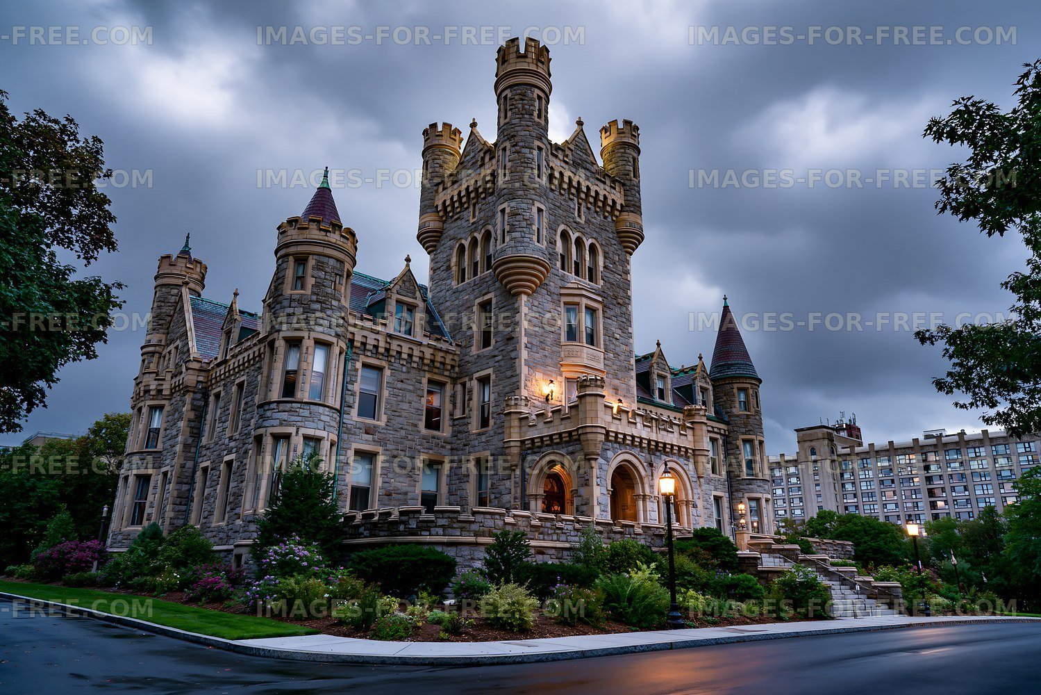 Historic castle with turrets on a cloudy day in the city