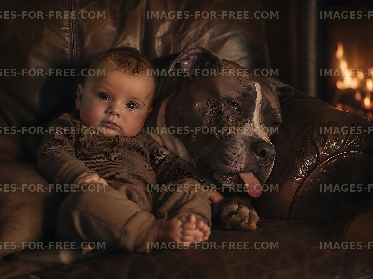 Baby and dog resting together on a leather couch