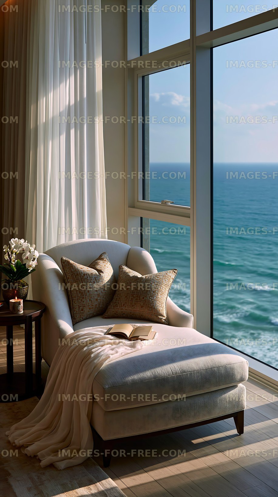 Cozy chair by the window with ocean view