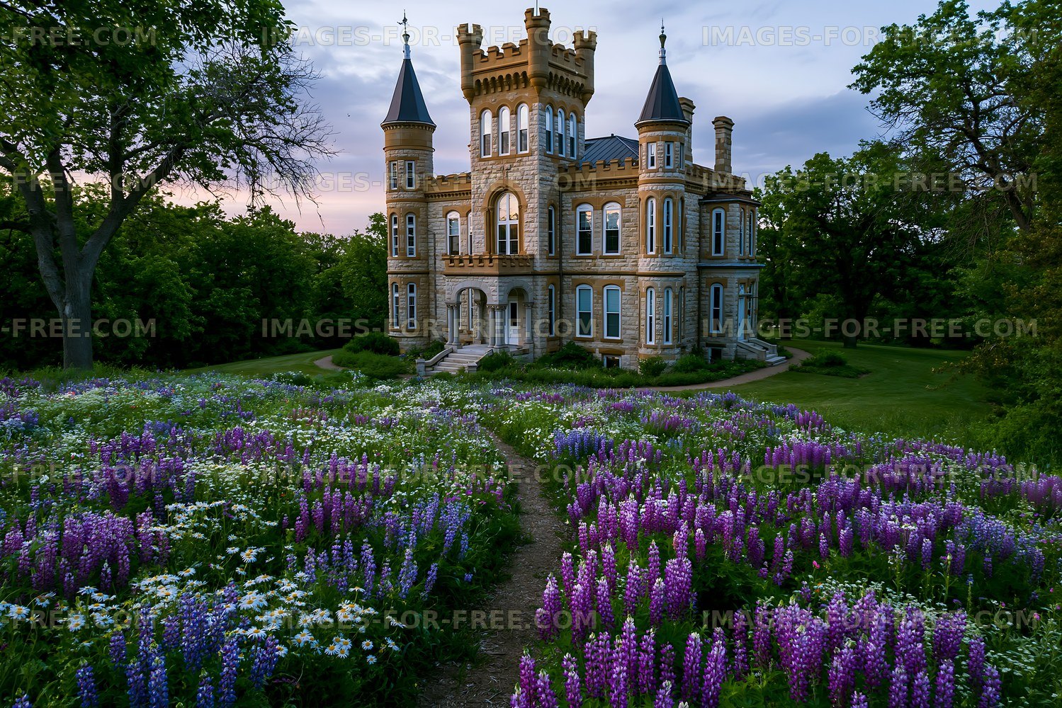 Lush gardens surround a historic castle at dusk