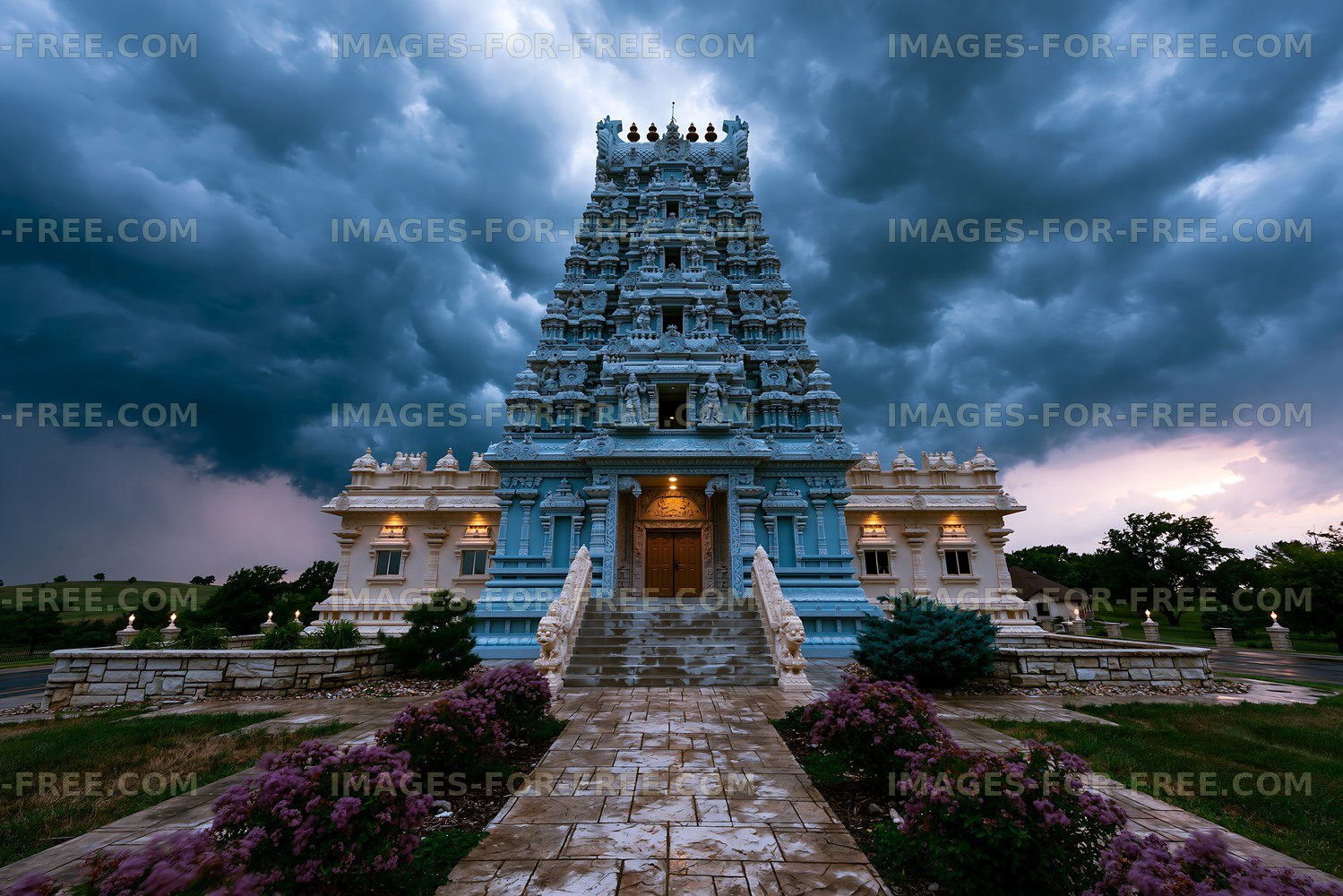 Storm clouds surround a Hindu temple at dusk