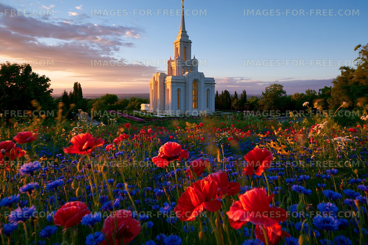 Sunset over a temple with colorful flowers in the foreground