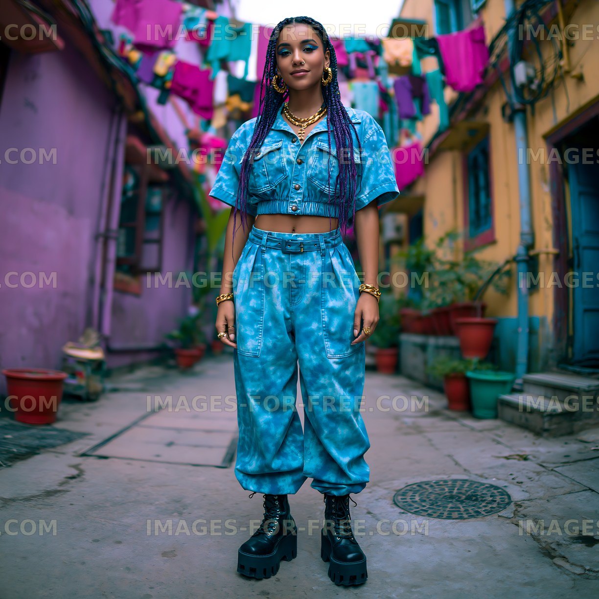Young woman in blue outfit standing in colorful alley