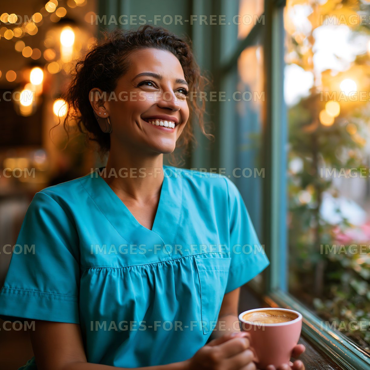Smiling woman in blue scrubs enjoying coffee indoors